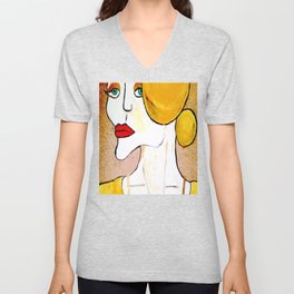 Original Acrylic Painting of a Woman Yellow Gold  V Neck T Shirt