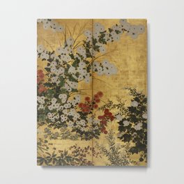 White Red Chrysanthemums Floral Japanese Gold Screen Metal Print | Beautiful, 19Thcentury, Flowers, Painting, Screen, Floral, Flower, Traditional, Outdoor, Chrysanthemums 