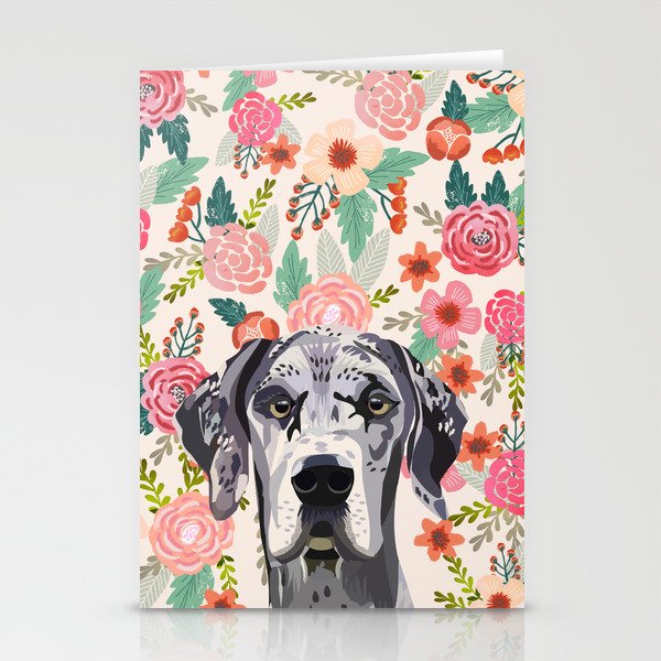 Great Dane florals pet portrait art print and dog gifts Stationery Cards