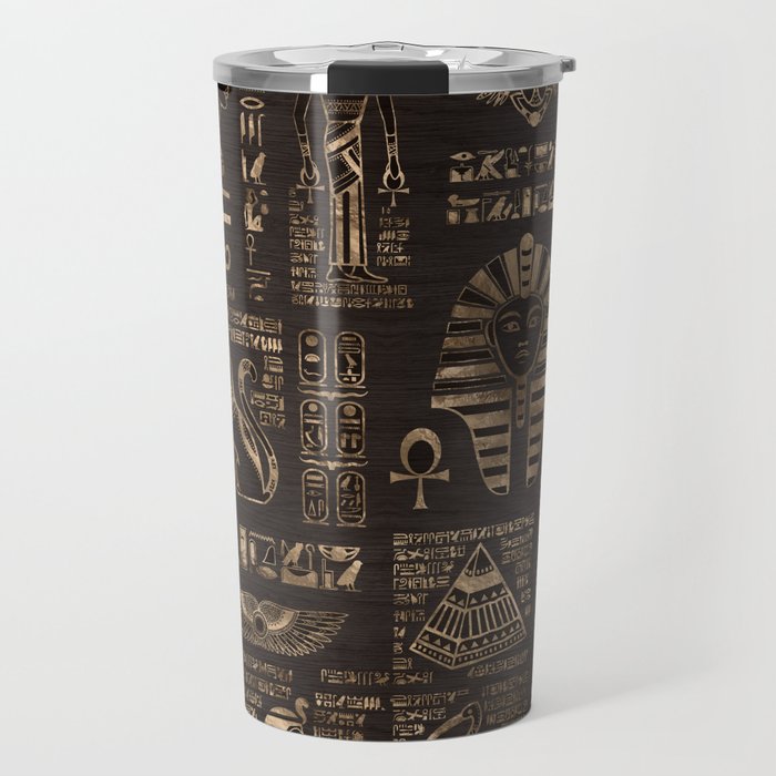 Egyptian hieroglyphs and deities - gold on wood Travel Mug