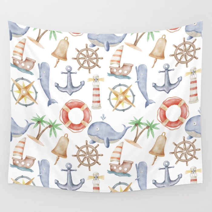 Nautical Watercolor Pattern Illustration Wall Tapestry