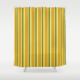 [ Thumbnail: Eye-catching Green, Tan, Goldenrod, White, and Dark Green Colored Lined/Striped Pattern Shower Curtain ]