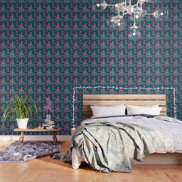 Bohemian Boho Chic Hippie Teal Feathers Design Pattern Wallpaper