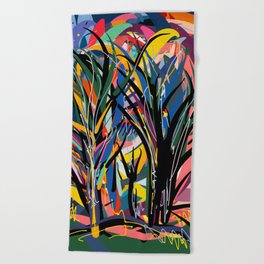 Trees in the Night Landscape Abstract Art Expressionism Beach Towel