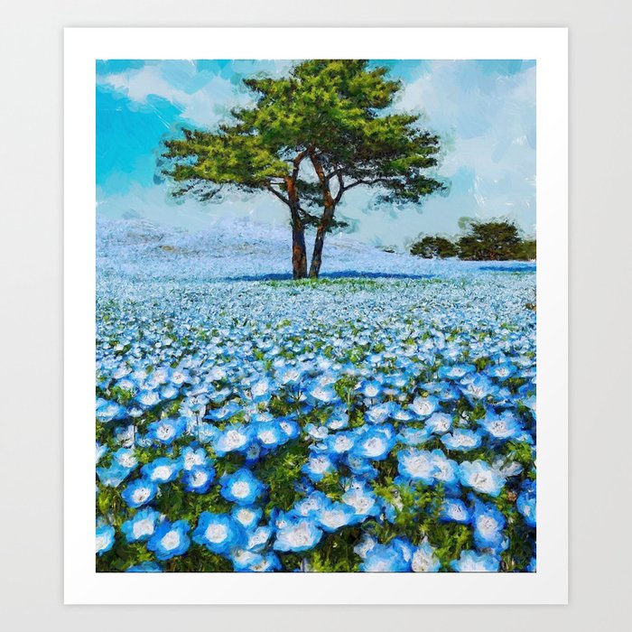 Fields of Blue Poppies floral landscape painting Art Print