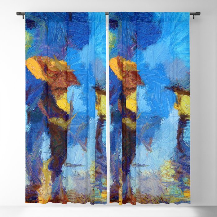 Romantic Couple Walking In Rain Artistic Painting Blackout Curtain