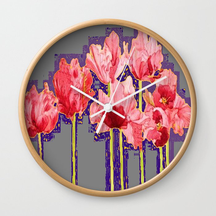 PINK-RED MODERN TULIP FLOWERS GREY ART Wall Clock