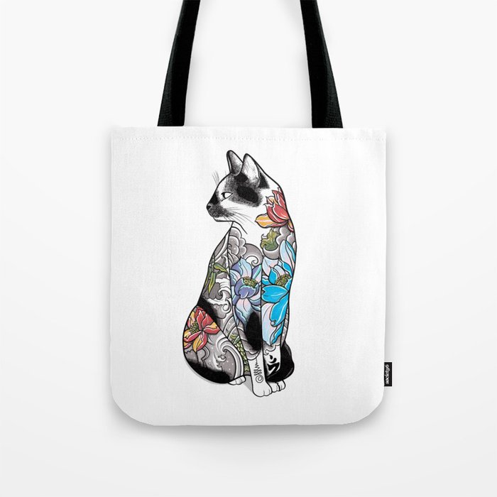 Cat in Lotus Tattoo Tote Bag