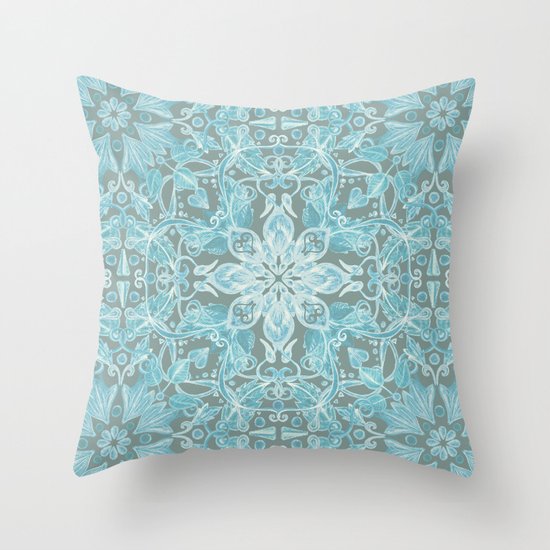 Soft Teal Blue & Grey hand drawn floral pattern Throw Pillow by Micklyn Society6
