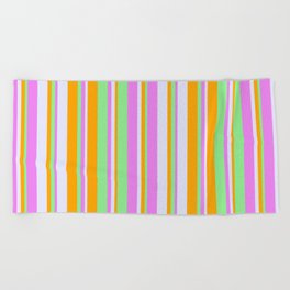 [ Thumbnail: Light Green, Orange, Lavender, and Violet Colored Striped/Lined Pattern Beach Towel ]