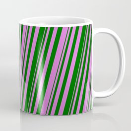 [ Thumbnail: Orchid & Dark Green Colored Lined/Striped Pattern Coffee Mug ]