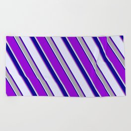 [ Thumbnail: Lavender, Dark Blue, Dark Violet, and Dark Grey Colored Lined Pattern Beach Towel ]