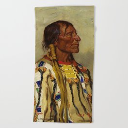 Chief Flat Iron Sioux native American Indian portrait painting by Joseph Henry Sharp  Beach Towel