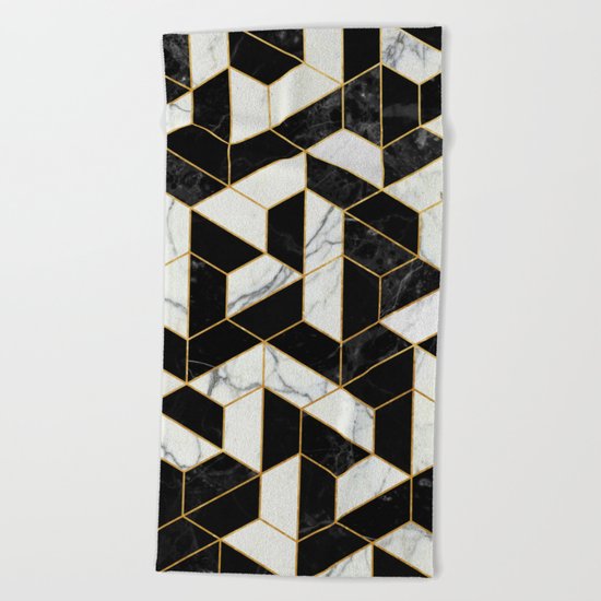 Black and White Marble Hexagonal Pattern Beach Towel