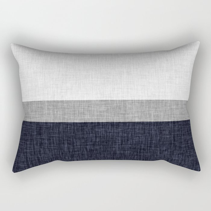 Navy Blue and Grey Simple Stripe with Crosshatch Burlap Print Pattern Rectangular Pillow