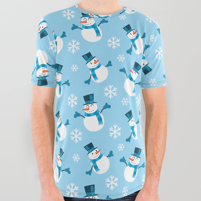 Christmas Pattern Blue Snowflake Snowman Cute All Over Graphic Tee