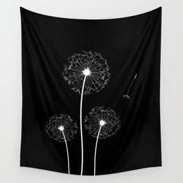 Dandelion Three White on Black Background Wall Tapestry