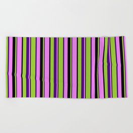 [ Thumbnail: Green, Indigo, Violet, and Black Colored Lines/Stripes Pattern Beach Towel ]