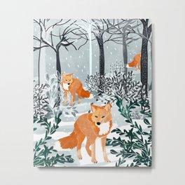 Fox Snow Walk, Animals Wildlife Winter, New Years Christmas Forest Wildlife Painting Metal Print | Red, Snow, Digital, Animal, Wild, Animalprint, Trees, Newyears, Watercolor, Illustration 