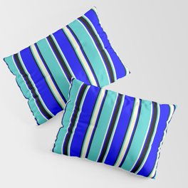 [ Thumbnail: Blue, Light Yellow, Turquoise, and Black Colored Striped/Lined Pattern Pillow Sham ]