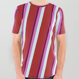 [ Thumbnail: Eyecatching Purple, Maroon, Orchid, Light Cyan, and Red Colored Lined/Striped Pattern All Over Graphic Tee ]