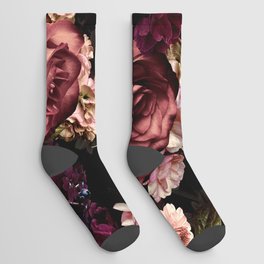 Vintage & Shabby Chic- Real Chrysanthemums Lush Midnight Flowers Botanical Garden Socks