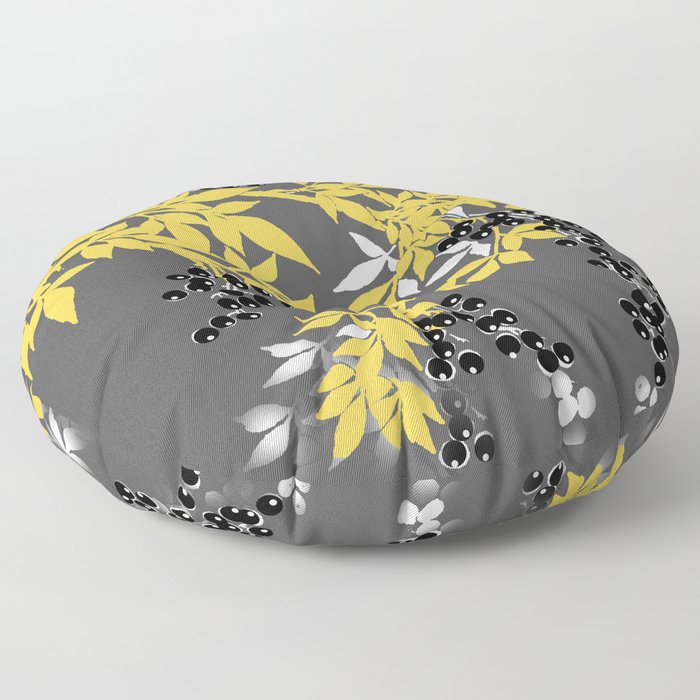 TREE BRANCHES YELLOW GRAY  AND BLACK LEAVES AND BERRIES Floor Pillow