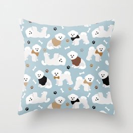 Bichon Frise Dogs Paws and Dog Bones Pattern Throw Pillow
