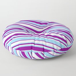 [ Thumbnail: Purple, Mint Cream, and Light Sky Blue Colored Lined/Striped Pattern Floor Pillow ]