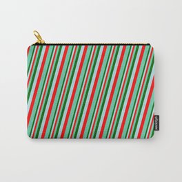 [ Thumbnail: Dark Green, Powder Blue, Red & Aquamarine Colored Pattern of Stripes Carry-All Pouch ]