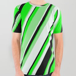 [ Thumbnail: Lime, Light Green, Mint Cream & Black Colored Pattern of Stripes All Over Graphic Tee ]