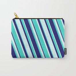 [ Thumbnail: Turquoise, Midnight Blue, and Light Cyan Colored Stripes/Lines Pattern Carry-All Pouch ]