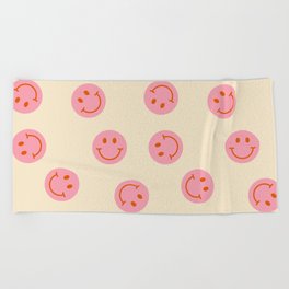 70s Retro Smiley Face Pattern in Beige & Pink Beach Towel