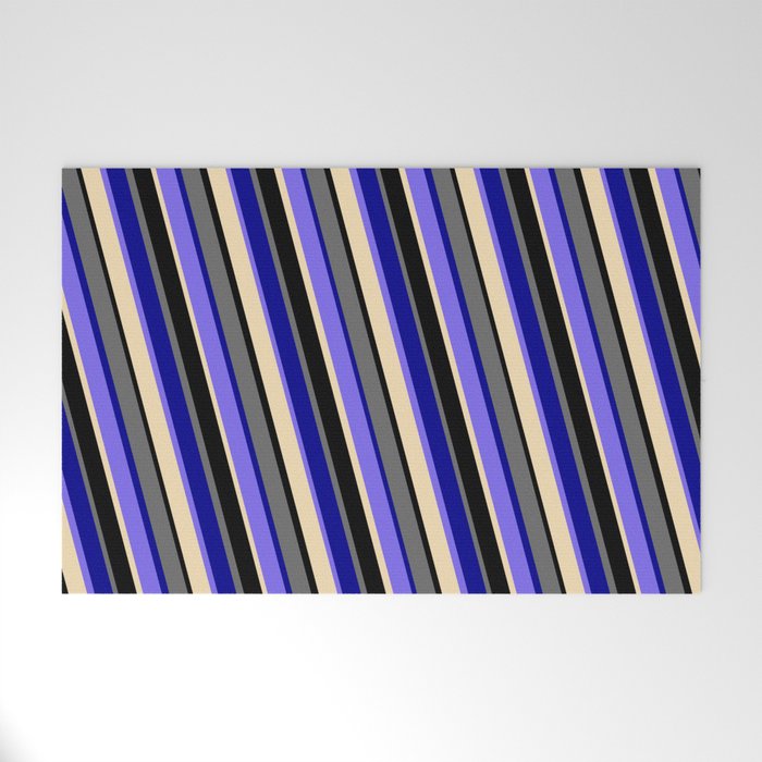 Vibrant Dim Grey, Dark Blue, Medium Slate Blue, Tan & Black Colored Striped Pattern Welcome Mat