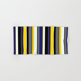 [ Thumbnail: Eyecatching Mint Cream, Yellow, Midnight Blue, Dim Gray & Black Colored Pattern of Stripes Hand & Bath Towel ]