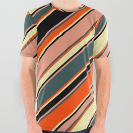 [ Thumbnail: Vibrant Dark Salmon, Dark Slate Gray, Red, Pale Goldenrod, and Black Colored Lines/Stripes Pattern All Over Graphic Tee ]