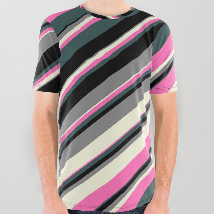 Grey, Beige, Hot Pink, Dark Slate Gray, and Black Colored Lines/Stripes Pattern All Over Graphic Tee
