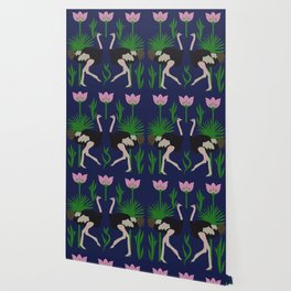 Ostrich & Palms -Navy Wallpaper