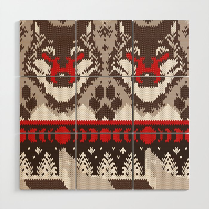 Fair isle knitting grey wolf // oak and taupe brown wolves red moons and pine trees Wood Wall Art