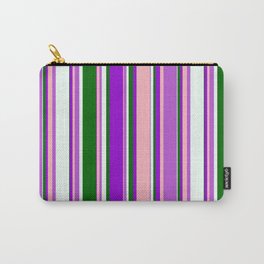 [ Thumbnail: Eyecatching Orchid, Light Pink, Dark Violet, Dark Green & Mint Cream Colored Lines/Stripes Pattern Carry-All Pouch ]
