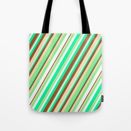[ Thumbnail: Eye-catching Green, Sienna, Tan, Light Green, and Mint Cream Colored Striped/Lined Pattern Tote Bag ]