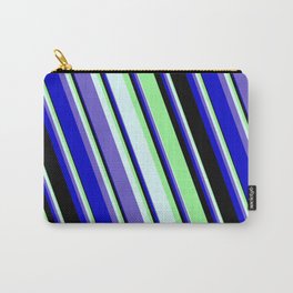 [ Thumbnail: Green, Light Cyan, Slate Blue, Blue, and Black Colored Stripes Pattern Carry-All Pouch ]