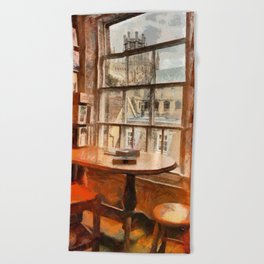 Bookstore with views of the Ely Cathedral in Ely, a historic city in Cambridgeshire, England Beach Towel