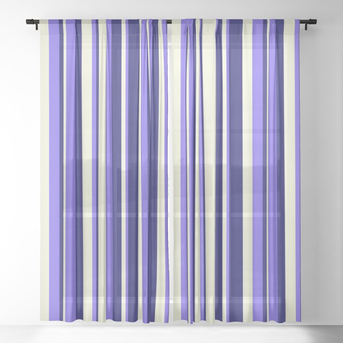 Beige, Medium Slate Blue & Midnight Blue Colored Lined Pattern Sheer Curtain