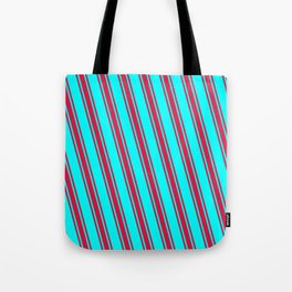 [ Thumbnail: Cyan & Crimson Colored Stripes Pattern Tote Bag ]