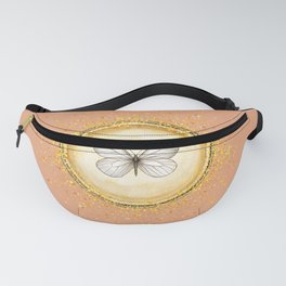 Hand-Drawn Butterfly Gold Circle Pendant on Pastel Orange Fanny Pack