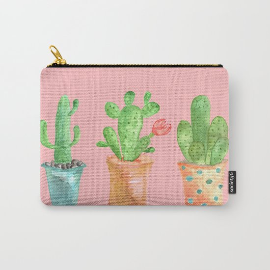 Three Green Cacti On Pink Background Carry-All Pouch