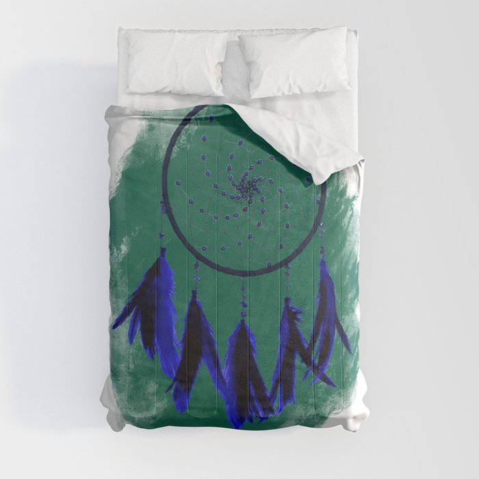 Dreamcatcher Deep Blue Darkness: Green background Comforter