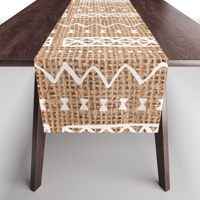 Zesty Zig Zag Basket Weave White Mud Cloth Pattern Table Runner