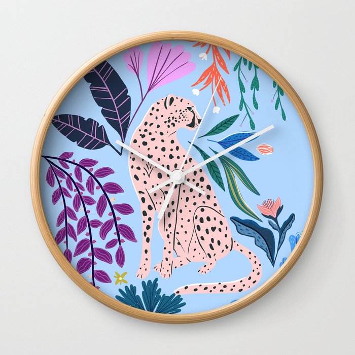 Blush pink Cheetah in jungle florals / jungle cat print /modern art Wall Clock